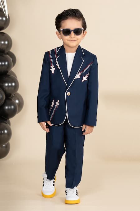Little Boys Closet Aeroplane Embroidered Yoke Blazer With Pant 