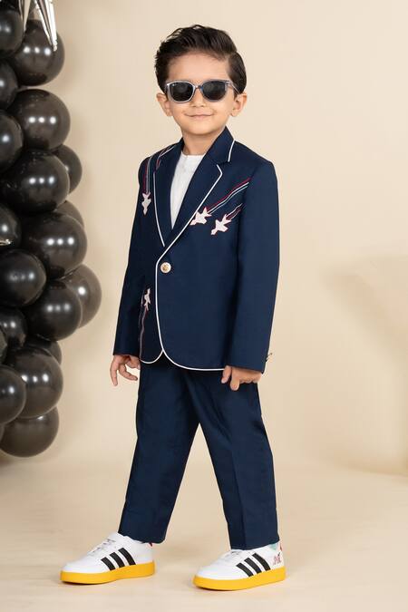 Little Boys Closet_Blue Polyester Embroidery Aeroplane Yoke Blazer With Pant _Online_at_Aza_Fashions