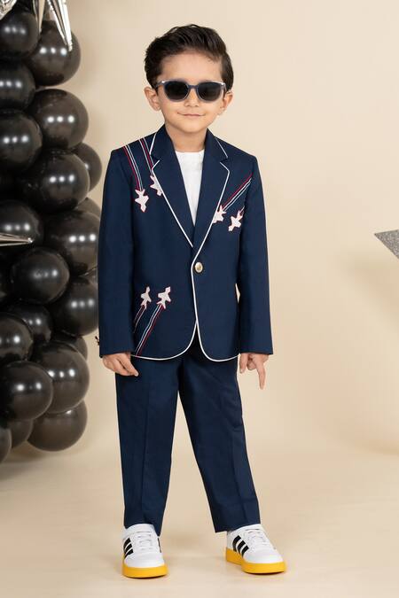 Buy_Little Boys Closet_Blue Polyester Embroidery Aeroplane Yoke Blazer With Pant _Online_at_Aza_Fashions