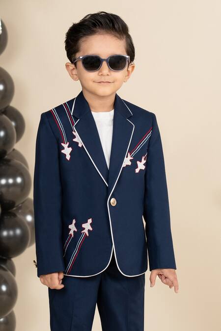 Little Boys Closet_Blue Polyester Embroidery Aeroplane Yoke Blazer With Pant _at_Aza_Fashions