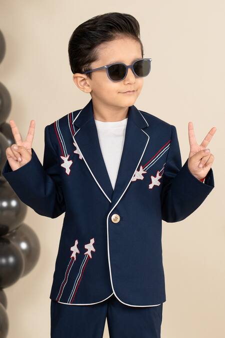 Buy_Little Boys Closet_Blue Polyester Embroidery Aeroplane Yoke Blazer With Pant 