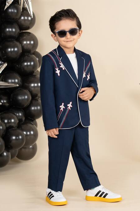 Shop_Little Boys Closet_Blue Polyester Embroidery Aeroplane Yoke Blazer With Pant 