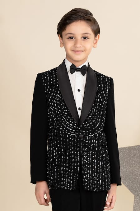 Buy_Little Boys Closet_Black Suede, Cotton Sequins, Beads, Embroidery Blazer Tuxedo Set _Online_at_Aza_Fashions