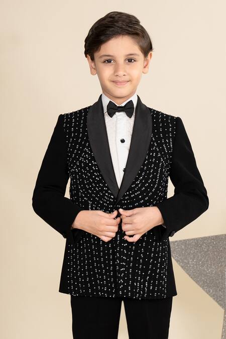 Shop_Little Boys Closet_Black Suede, Cotton Sequins, Beads, Embroidery Blazer Tuxedo Set _Online_at_Aza_Fashions