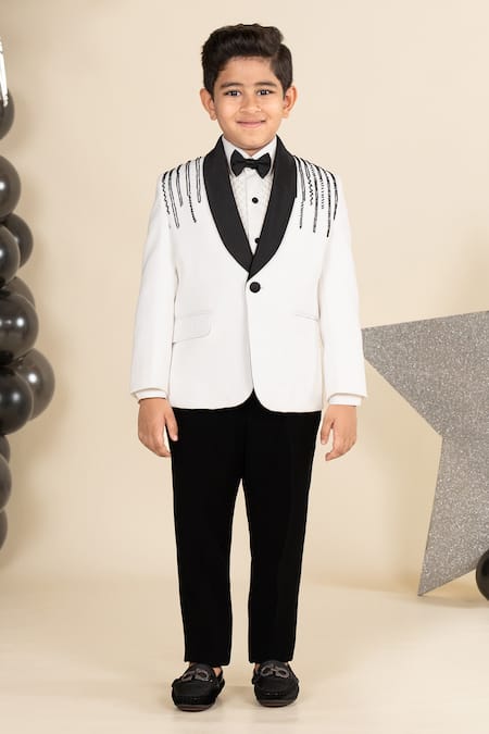 Shop_Little Boys Closet_White Cotton, Suede Cut Work Cutdana Embroidered Shawl Collar Tuxedo Set _at_Aza_Fashions