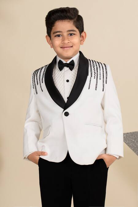 Buy_Little Boys Closet_White Cotton, Suede Cut Work Cutdana Embroidered Shawl Collar Tuxedo Set _Online_at_Aza_Fashions