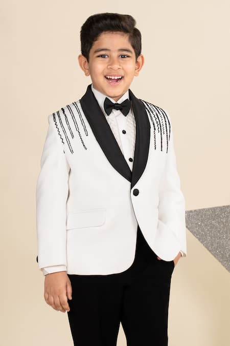 Shop_Little Boys Closet_White Cotton, Suede Cut Work Cutdana Embroidered Shawl Collar Tuxedo Set _Online_at_Aza_Fashions