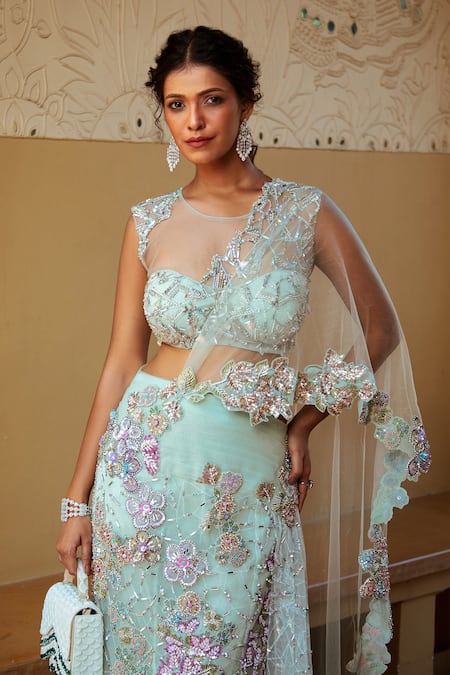 Moledro Blue Organza, Net Anoushka Floral Embroidered Pre-draped Saree With Blouse Online at Aza Fashions Moledro_Blue Organza, Net Anoushka Floral Embroidered Pre-draped Saree With Blouse _Online_at_Aza_Fashions