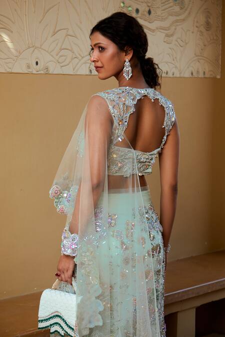 Buy Moledro Blue Organza, Net Anoushka Floral Embroidered Pre-draped Saree With Blouse Online at Aza Fashions Buy_Moledro_Blue Organza, Net Anoushka Floral Embroidered Pre-draped Saree With Blouse _Online_at_Aza_Fashions