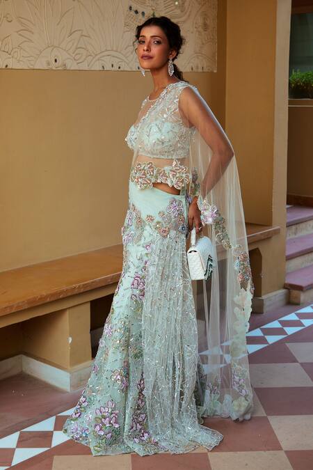 Shop Moledro Blue Organza, Net Anoushka Floral Embroidered Pre-draped Saree With Blouse Online at Aza Fashions Shop_Moledro_Blue Organza, Net Anoushka Floral Embroidered Pre-draped Saree With Blouse _Online_at_Aza_Fashions