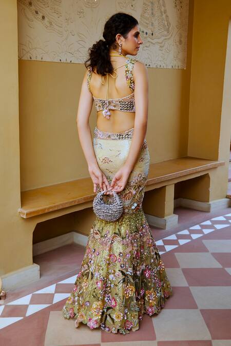 Shop Moledro Gold Organza, Net, Georgette Sequins, Lavanya Nature Mermaid Style Lehenga Set at Aza Fashions Shop_Moledro_Gold Organza, Net, Georgette Sequins, Lavanya Nature Mermaid Style Lehenga Set_at_Aza_Fashions