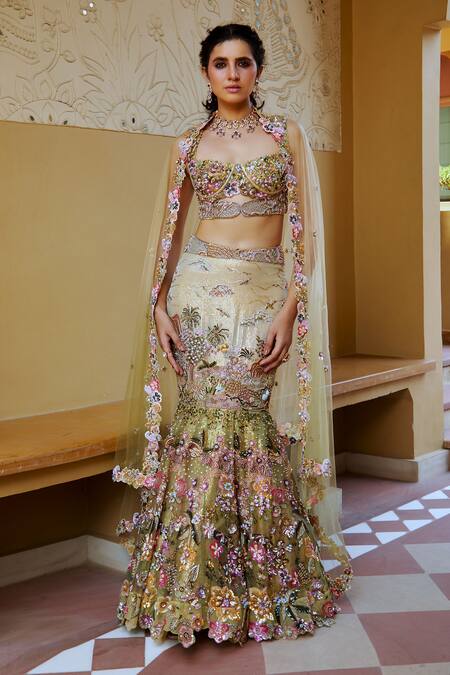 Moledro Gold Organza, Net, Georgette Sequins, Lavanya Nature Mermaid Style Lehenga Set Online at Aza Fashions Moledro_Gold Organza, Net, Georgette Sequins, Lavanya Nature Mermaid Style Lehenga Set_Online_at_Aza_Fashions