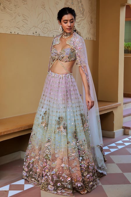 Buy_Moledro_Purple Net Cut Work, Sequins, Mirrors Raga Tropical Embroidered Lehenga Set _Online_at_Aza_Fashions
