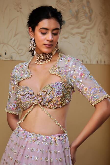 Moledro_Purple Net Cut Work, Sequins, Mirrors Raga Tropical Embroidered Lehenga Set _at_Aza_Fashions