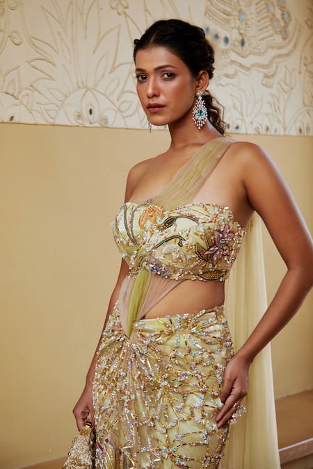 Moledro Yellow Net, Georgette Sequins, Ritvi Botanical Embroidered Pre-draped Saree Online at Aza Fashions Moledro_Yellow Net, Georgette Sequins, Ritvi Botanical Embroidered Pre-draped Saree_Online_at_Aza_Fashions