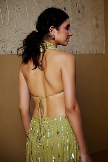 Moledro_Green Georgette, Flannel Sequins, Tarz Embroidered Draped Jumpsuit With Balzer _Online_at_Aza_Fashions