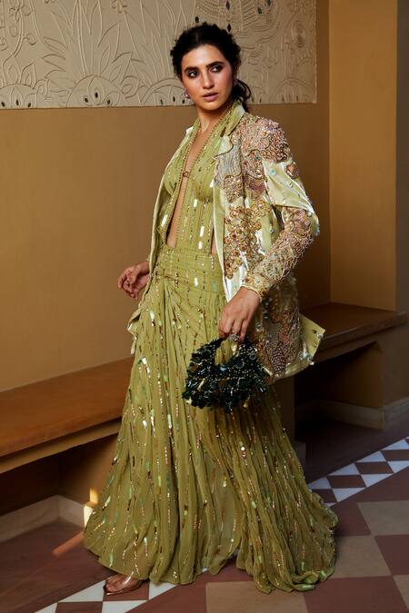 Shop_Moledro_Green Georgette, Flannel Sequins, Tarz Embroidered Draped Jumpsuit With Balzer _Online_at_Aza_Fashions