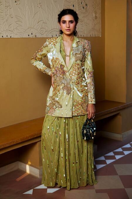 Moledro_Green Georgette, Flannel Sequins, Tarz Embroidered Draped Jumpsuit With Balzer _at_Aza_Fashions