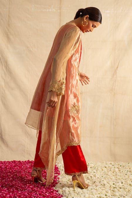 Shop Neitri Beige Silk, Brocade, Chiffon Tassels Lavanya Embroidered Yoke Top With Pant at Aza Fashions Shop_Neitri_Beige Silk, Brocade, Chiffon Tassels Lavanya Embroidered Yoke Top With Pant _at_Aza_Fashions