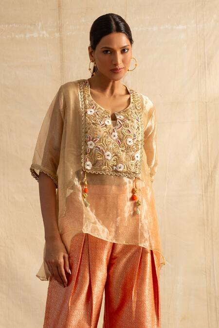 Neitri Beige Silk, Brocade, Chiffon Tassels Lavanya Embroidered Yoke Top With Pant Online at Aza Fashions Neitri_Beige Silk, Brocade, Chiffon Tassels Lavanya Embroidered Yoke Top With Pant _Online_at_Aza_Fashions
