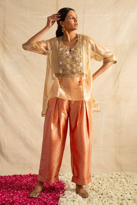 Buy Neitri Beige Silk, Brocade, Chiffon Tassels Lavanya Embroidered Yoke Top With Pant Online at Aza Fashions Buy_Neitri_Beige Silk, Brocade, Chiffon Tassels Lavanya Embroidered Yoke Top With Pant _Online_at_Aza_Fashions