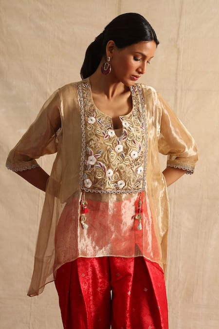 Neitri_Beige Silk, Brocade Embroidery, Beads Open Lavanya Floral Yoke Top With Pant _Online_at_Aza_Fashions