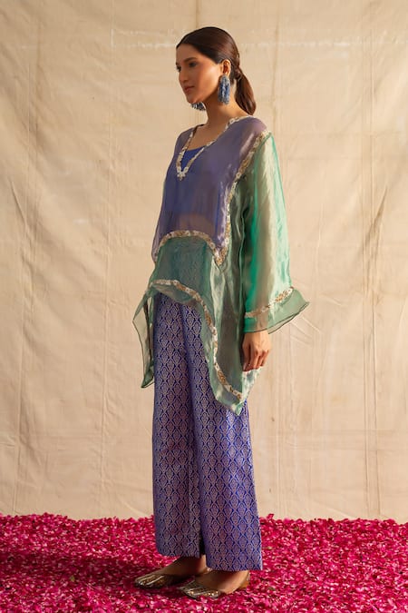 Shop Neitri Blue Silk, Brocade, Cotton Beads, Embroidery V-neck Mugdha Sheer Top With Pant at Aza Fashions Shop_Neitri_Blue Silk, Brocade, Cotton Beads, Embroidery V-neck Mugdha Sheer Top With Pant_at_Aza_Fashions