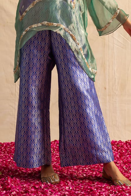 Neitri Blue Silk, Brocade, Cotton Beads, Embroidery V-neck Mugdha Sheer Top With Pant Online at Aza Fashions Neitri_Blue Silk, Brocade, Cotton Beads, Embroidery V-neck Mugdha Sheer Top With Pant_Online_at_Aza_Fashions