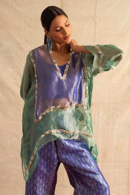 Buy Neitri Blue Silk, Brocade, Cotton Beads, Embroidery V-neck Mugdha Sheer Top With Pant Online at Aza Fashions Buy_Neitri_Blue Silk, Brocade, Cotton Beads, Embroidery V-neck Mugdha Sheer Top With Pant_Online_at_Aza_Fashions