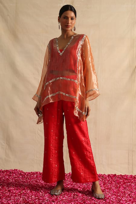 Neitri Red Silk Tissue Embroidered Thread V-neck Mugdha Sheer Top With Pant 