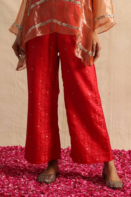 Neitri_Red Silk, Brocade, Cotton Embroidery, Beads V-neck Mugdha Sheer Top With Pant_Online_at_Aza_Fashions