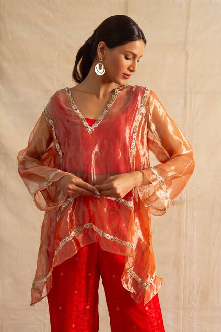 Buy_Neitri_Red Silk, Brocade, Cotton Embroidery, Beads V-neck Mugdha Sheer Top With Pant_Online_at_Aza_Fashions