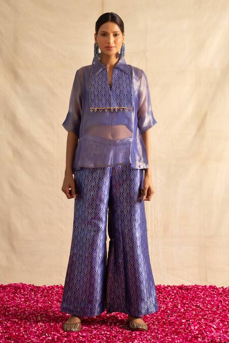 Shop_Neitri_Blue Silk, Brocade Beads Collared Samaira Yoke Top With Pant _at_Aza_Fashions