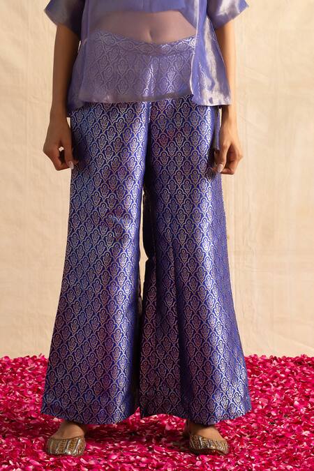Neitri_Blue Silk, Brocade Beads Collared Samaira Yoke Top With Pant _Online_at_Aza_Fashions