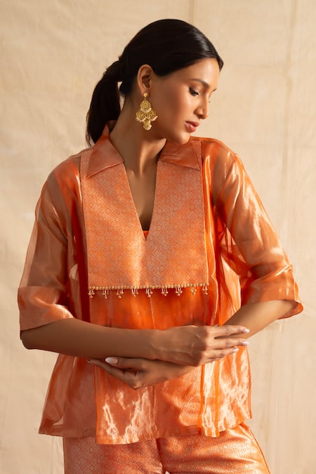 Shop_Neitri_Orange Silk, Brocade Beads Collared Samaira Sheer Top With Pant _at_Aza_Fashions