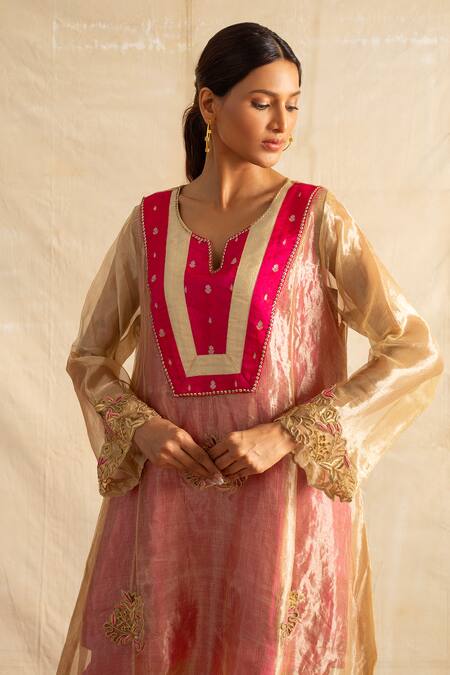 Buy Neitri Fuchsia Brocade, Silk Embroidery, Beads Split Tarini Thread Kurta With Pant Online at Aza Fashions Buy_Neitri_Fuchsia Brocade, Silk Embroidery, Beads Split Tarini Thread Kurta With Pant _Online_at_Aza_Fashions