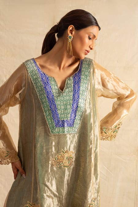Shop Neitri Green Silk, Brocade Embroidery, Beads Split Tarini Floral Kurta With Pant at Aza Fashions Shop_Neitri_Green Silk, Brocade Embroidery, Beads Split Tarini Floral Kurta With Pant _at_Aza_Fashions