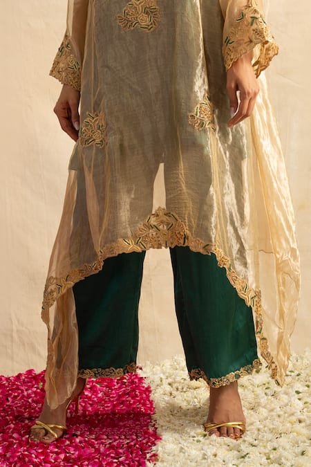 Neitri Green Silk, Brocade Embroidery, Beads Split Tarini Floral Kurta With Pant Online at Aza Fashions Neitri_Green Silk, Brocade Embroidery, Beads Split Tarini Floral Kurta With Pant _Online_at_Aza_Fashions