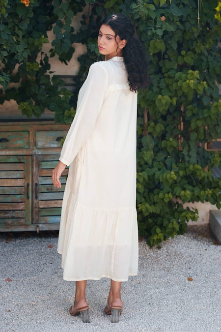 Shop OurDve Beige Cotton Embroidery Collared Tiered Pearl Work Dress at Aza Fashions Shop_OurDve_Beige Cotton Embroidery Collared Tiered Pearl Work Dress _at_Aza_Fashions