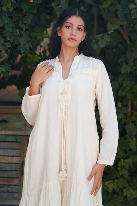 OurDve Beige Cotton Embroidery Collared Tiered Pearl Work Dress Online at Aza Fashions OurDve_Beige Cotton Embroidery Collared Tiered Pearl Work Dress _Online_at_Aza_Fashions