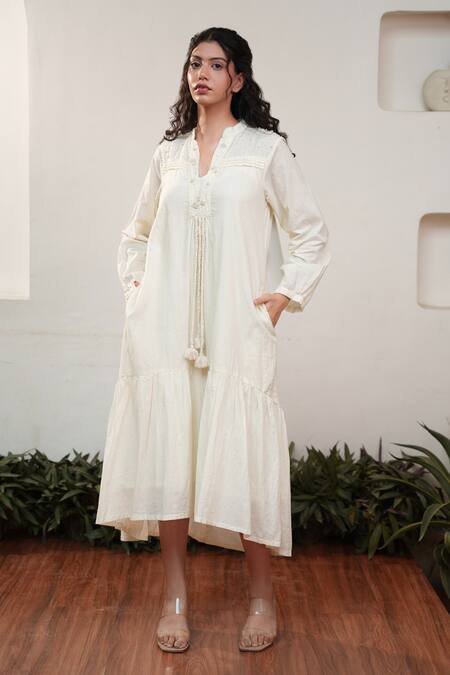 OurDve Beige Cotton Embroidery Collared Tiered Pearl Work Dress at Aza Fashions OurDve_Beige Cotton Embroidery Collared Tiered Pearl Work Dress _at_Aza_Fashions