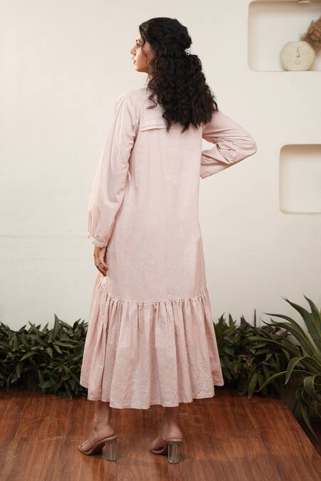 Shop_Ourdve_Pink Cotton Embroidered Pearl Notched Midi Dress _at_Aza_Fashions
