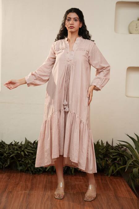 Ourdve_Pink Cotton Embroidered Pearl Notched Midi Dress _Online_at_Aza_Fashions