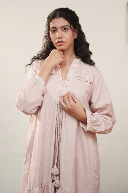 Shop_Ourdve_Pink Cotton Embroidered Pearl Notched Midi Dress _Online_at_Aza_Fashions