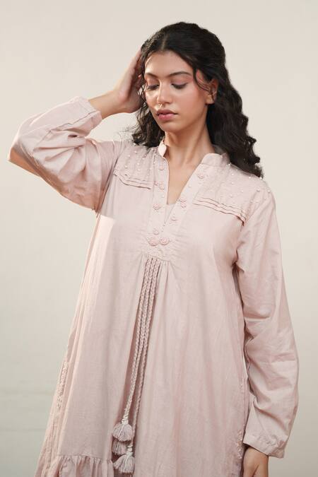 Ourdve_Pink Cotton Embroidered Pearl Notched Midi Dress _at_Aza_Fashions