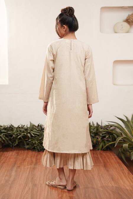 Shop OurDve Ivory Cotton Pearls Round Neck Embellished Yoke Dress at Aza Fashions Shop_OurDve_Ivory Cotton Pearls Round Neck Embellished Yoke Dress _at_Aza_Fashions