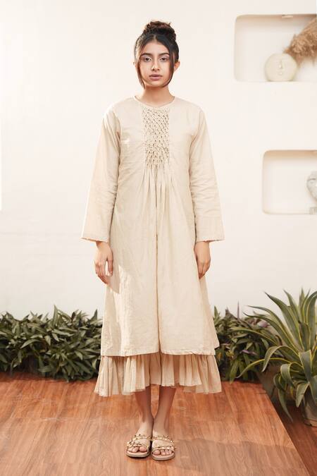 OurDve Ivory Cotton Pearls Round Neck Embellished Yoke Dress Online at Aza Fashions OurDve_Ivory Cotton Pearls Round Neck Embellished Yoke Dress _Online_at_Aza_Fashions