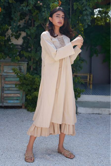 Buy OurDve Ivory Cotton Pearls Round Neck Embellished Yoke Dress Buy_OurDve_Ivory Cotton Pearls Round Neck Embellished Yoke Dress