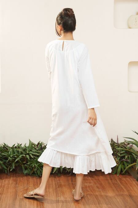 Shop_Ourdve_White Cotton Embroidered Pearl Round Embellished Yoke Dress _at_Aza_Fashions