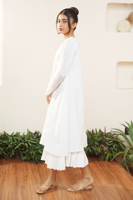 Ourdve_White Cotton Embroidered Pearl Round Embellished Yoke Dress _Online_at_Aza_Fashions
